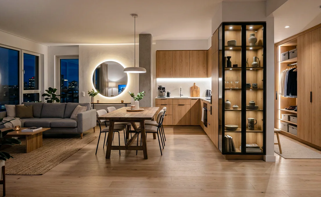 Widok całego mieszkania z zastosowaniem różnych form oświetlenia LED